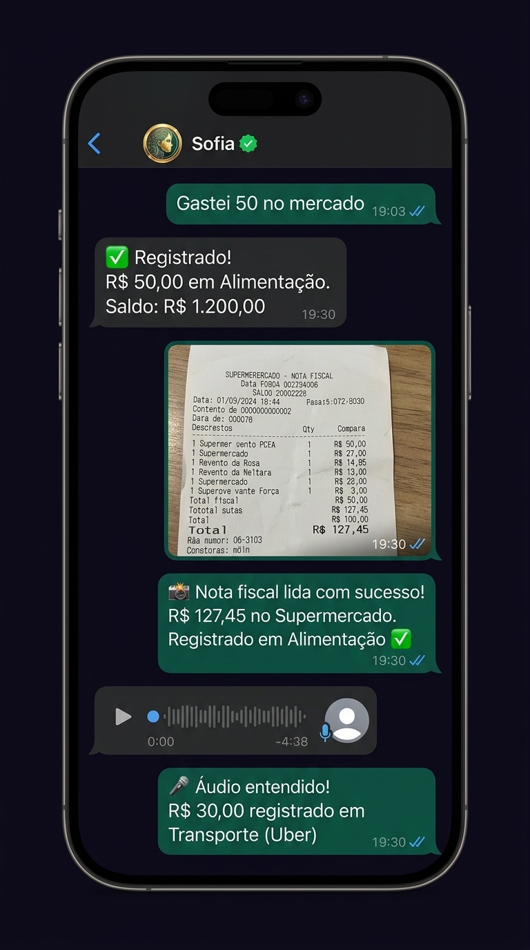 Celular mostrando WhatsApp com a Sofia Money processando texto, nota fiscal e áudio